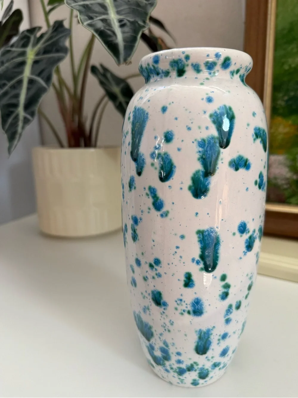 Handmade Signed White Ceramic Vase with Teal Blue Speckle